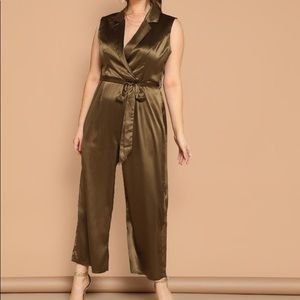 Surplice Neck Belted Satin Jumpsuit